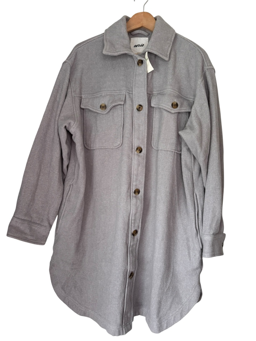 Aerie Oversized Long Flannel Shacket Size Large NWT Gray Button Up Jacket Cotton